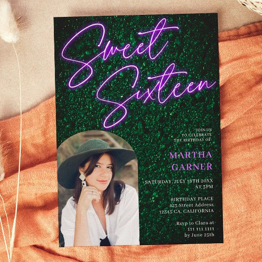 Neon paarse teken script groene foto boog Sweet 16 Kaart