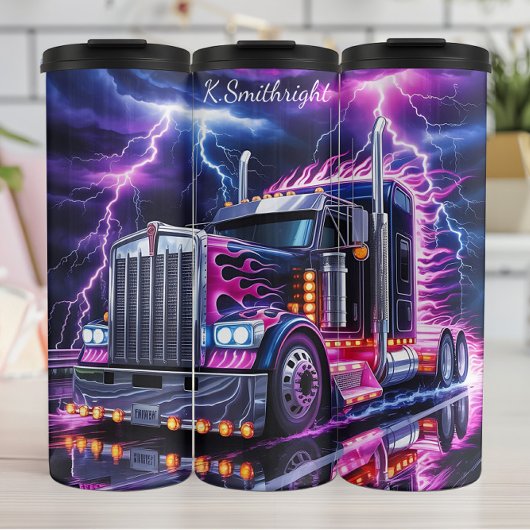 Neon Paarse Vlam Semi Truck Thermosbeker