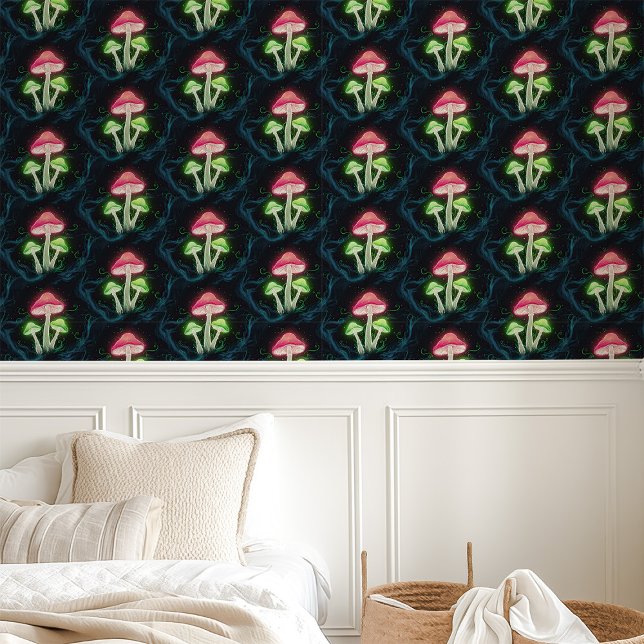 Neon paddenstoelen op zwart behang (Creator heeft geüpload)