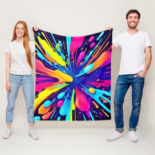 Neon Paint Explosion op Donker Canvas Fleece Deken (In situ)