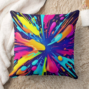 Neon Paint Explosion op Donker Canvas Kussen