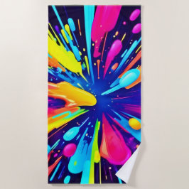 Neon Paint Explosion op Donker Canvas Strandlaken