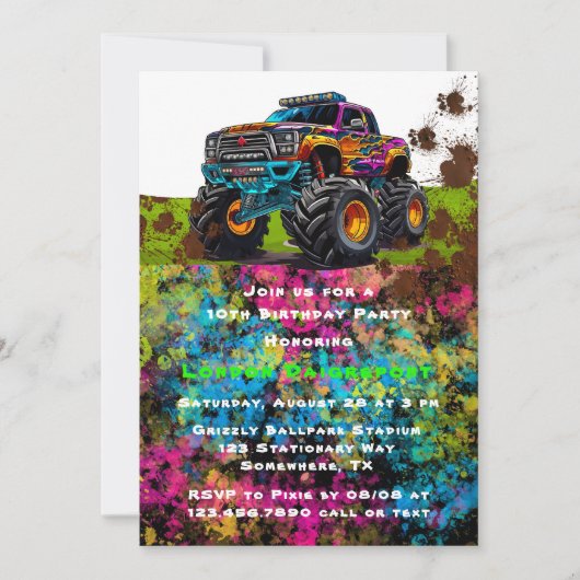 Neon Paint Monster Truck Jongen Verjaardagsfeestje Kaart (Voorkant)