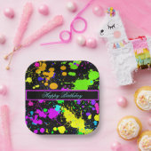 Neon Paint Pink Green Paars Happy Birthday Papieren Bordje (Feest)