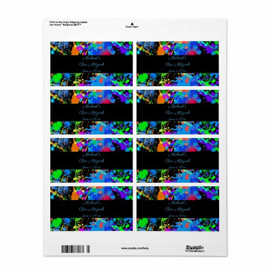 Neon Paint Splatter, aangepaste waterlabels Etiket (Full Sheet)