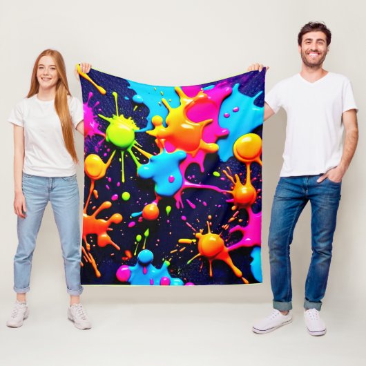Neon Paint Splatter Abstracte kunst Fleece Deken (In situ)