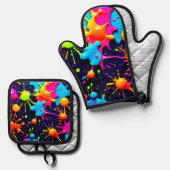 Neon Paint Splatter Abstracte kunst Ovenwant & Pannenlap Set (Voorkant / Achterkant)