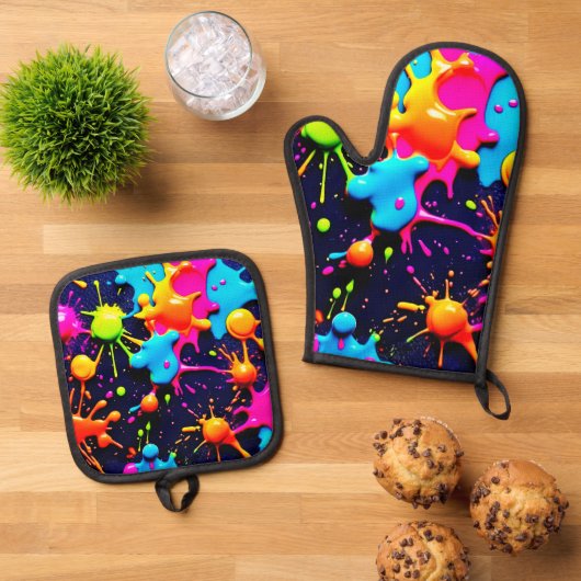 Neon Paint Splatter Abstracte kunst Ovenwant & Pannenlap Set (Top down)