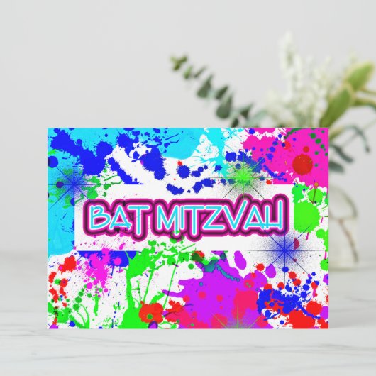 Neon Paint Splatter, Bat Mitzvah Viering Kaart (Staand voorkant)