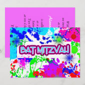Neon Paint Splatter, Bat Mitzvah Viering Kaart (Voorkant / Achterkant)