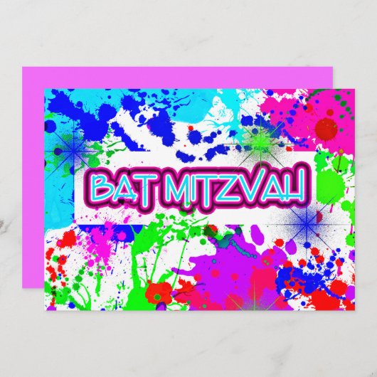 Neon Paint Splatter, Bat Mitzvah Viering Kaart (Voorkant / Achterkant)