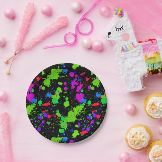 Neon Paint Splatter, Faux Glow in the Dark, Papieren Bordje (Feest)
