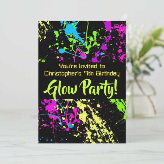 Neon Paint Splatter Glow / Laser Label Verjaardags Kaart (Staand voorkant)
