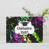 Neon Paint Splatter Graduter Party Invitation Kaart (Staand voorkant)