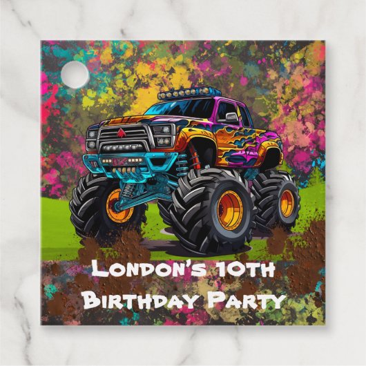 Neon Paint Splatter Monster Truck Verjaardagsfeest Bedankjes Labels (Voorkant)