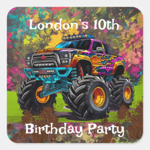 Neon Paint Splatter Monster Truck Verjaardagsfeest Vierkante Sticker