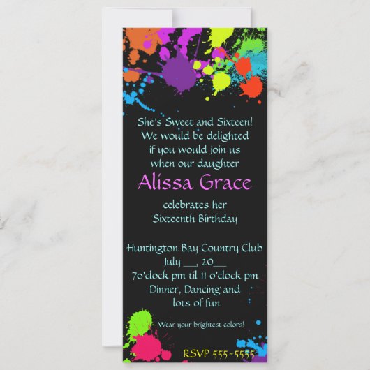 Neon Paint Splatter, Sweet Sixteen-uitnodiging Kaart (Voorkant)