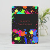 Neon Paint Splatter, Sweet Sixteen-uitnodiging Kaart (Staand voorkant)