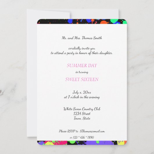 Neon Paint Splatter, Sweet Sixteen-uitnodiging Kaart (Achterkant)