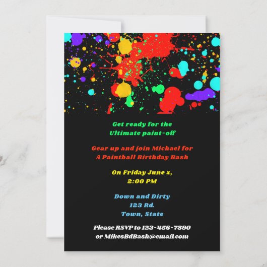 Neon Paint Splatter, uitnodiging van de Paintball (Achterkant)