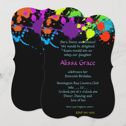 Neon Paint Splatter, zoete zestien, uitnodiging (Voorkant / Achterkant)