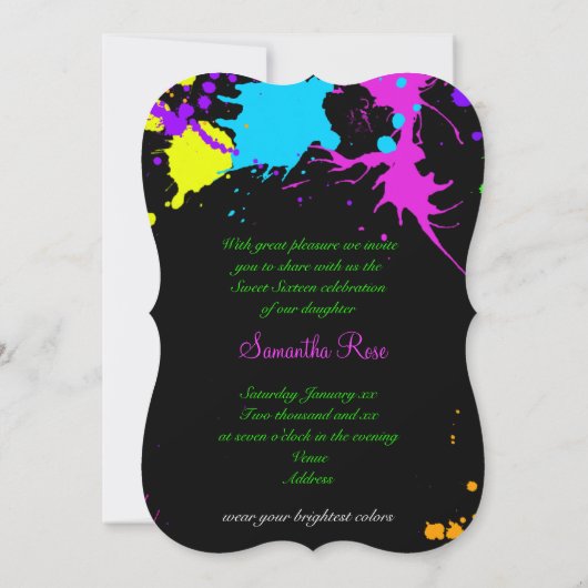 Neon Paint, Sweet Sixteen, Bat Mitzvah Uitnodiging (Achterkant)