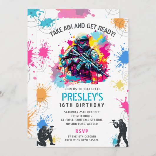 Neon Paintball Invitation - Combat Birthday Party Kaart (Voorkant / Achterkant)