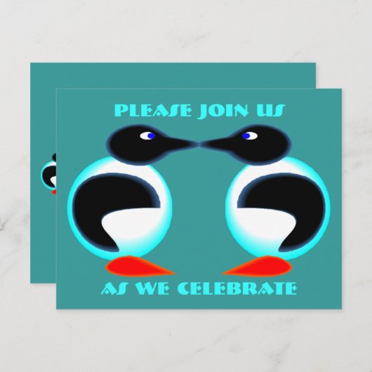 NEON PAIR PENGUINS JUBILEUM ARTIJ INVITATIE KAART (Voorkant / Achterkant)