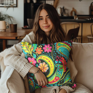 Neon Paisley Zwart Roze Blauw Geel Kussen