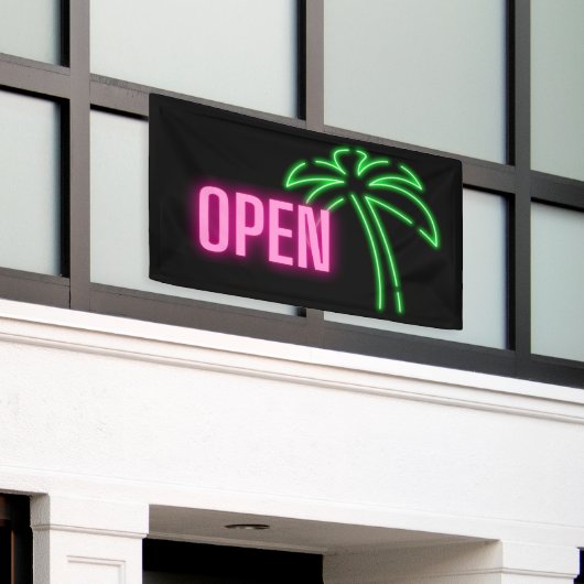 Neon Palm Green & Roze Open Sign Spandoek (Buitenkant Gebouw)
