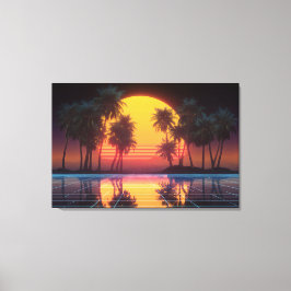 Neon Palm Grid Sunset Canvas Afdruk