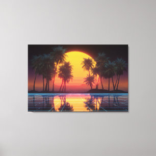 Neon Palm Raster Zonsondergang Canvas Afdruk
