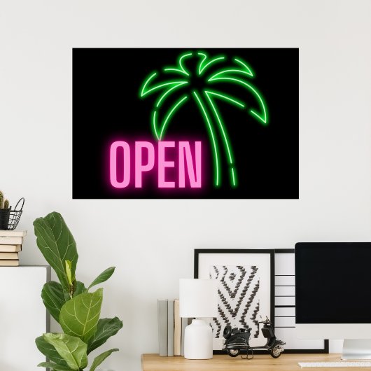 Neon Palm Tree Green & Roze Open Sign Poster (Thuiskantoor)