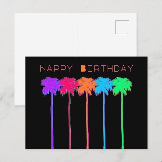 Neon Palm Trees Happy Birthday Briefkaart (Voorkant / Achterkant)
