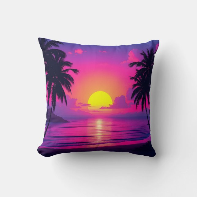 Neon Palm Zonsondergang en Blauwe Gloei Oase Kusse Kussen (Voorkant)