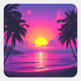 Neon Palm Zonsondergang – Vaporwave Tropische Esth Vierkante Sticker