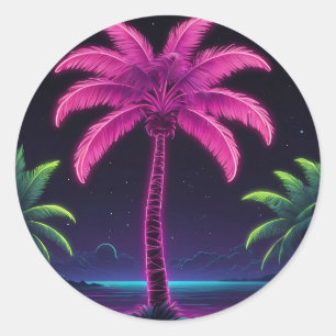 Neon palmboom met retro vibes en tropische gloed ronde sticker
