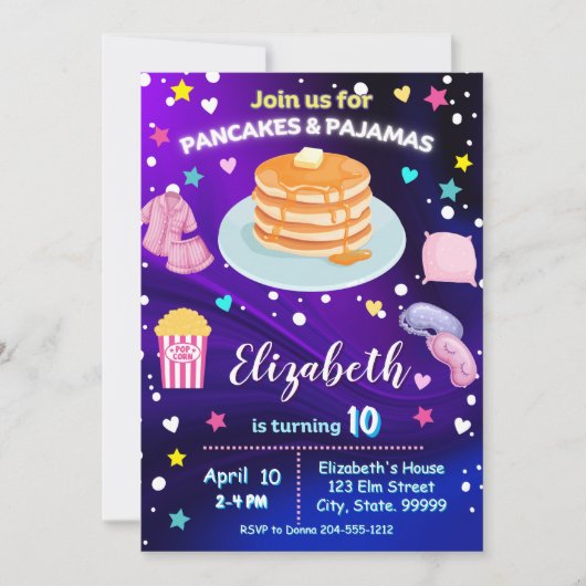 Neon pannenkoeken en pyjama verjaardagsfeestje uit kaart (Voorkant)