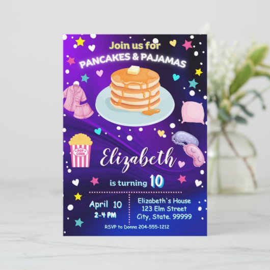 Neon pannenkoeken en pyjama verjaardagsfeestje uit kaart (Staand voorkant)