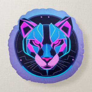 Neon Panter Gezicht In Geometrische Futuristische Rond Kussen