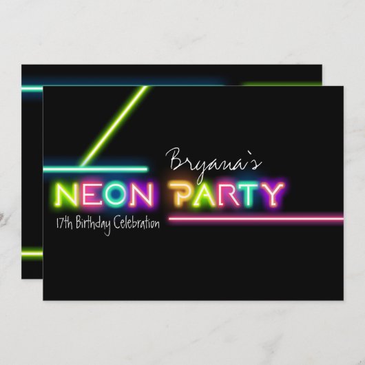 NEON PARTITY Glow Fun Birthday Party Invitation Kaart (Voorkant / Achterkant)