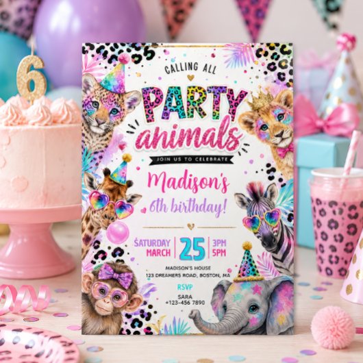 Neon Party Animals Verjaardag  Kaart