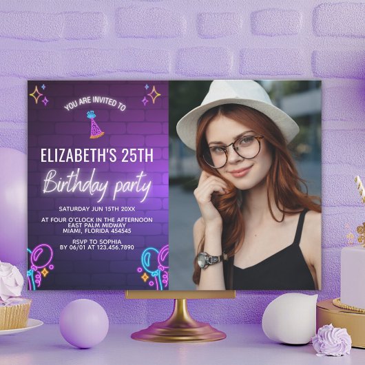 Neon Party Birthday Invitation Photo Design Kaart