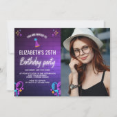 Neon Party Birthday Invitation Photo Design Kaart (Voorkant)