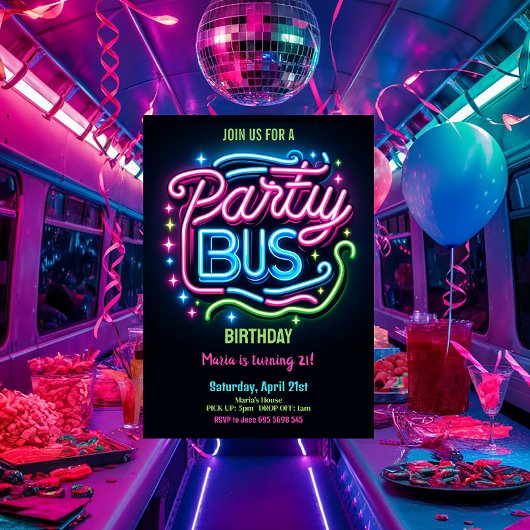 Neon Party Bus 21e Verjaardag Uitnodiging