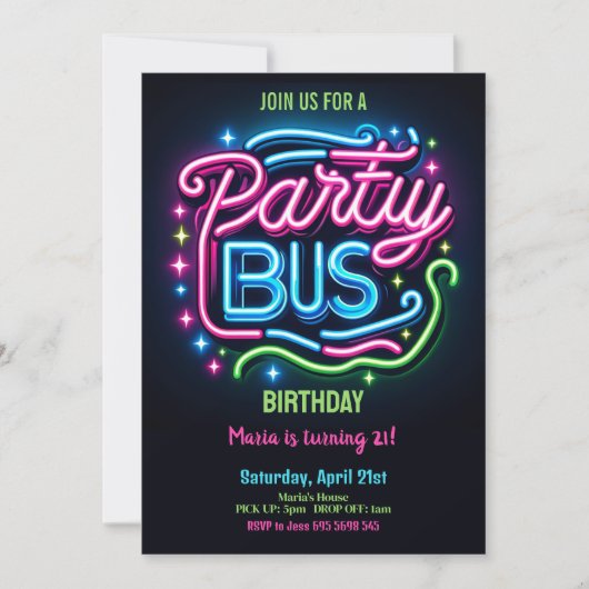 Neon Party Bus 21e Verjaardag Uitnodiging (Voorkant)