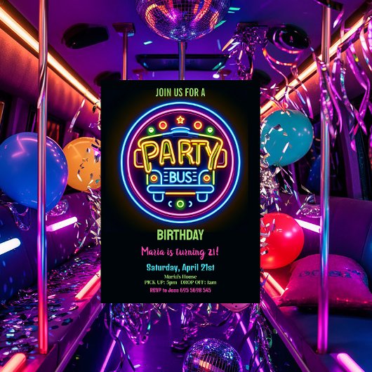 Neon Party Bus Glow Hopping 21e Verjaardag Kaart