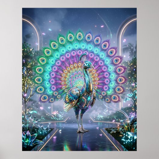 Neon Pauw Hologram Tuin Poster (Voorkant)
