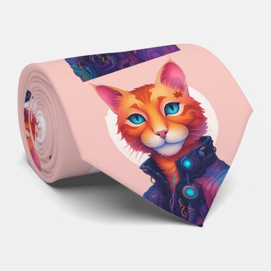 Neon Paws: De Ginger, Blue-Eyed Cyberpunk Cat Stropdas (Opgerold)