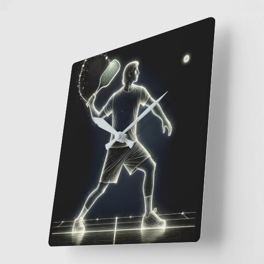Neon pickleball speler met peddel vierkante klok (Hoek)